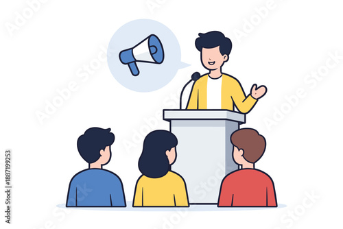 Male speaker presenting ideas to diverse audience of young adults