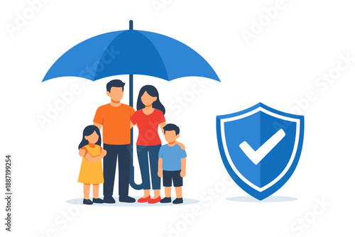Caucasian family under umbrella with shield icon symbolizing protection and security