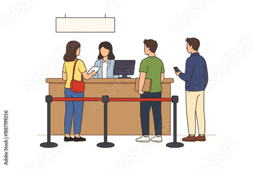 Diverse adults queuing at reception desk in modern office setting