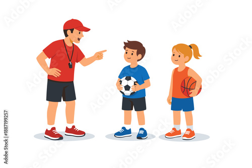Coach with kids in sports attire - young caucasian male and female learning soccer and basketball