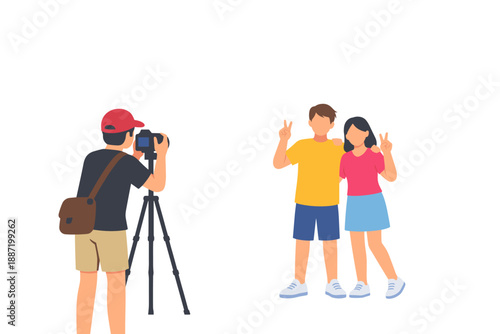Young asian couple posing for photographer outdoors in casual clothing