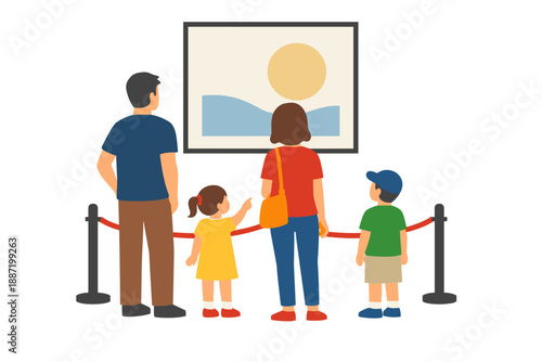 Family art museum visit: diverse family viewing landscape painting together