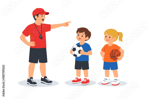 Coach with diverse kids and sports equipment on white background