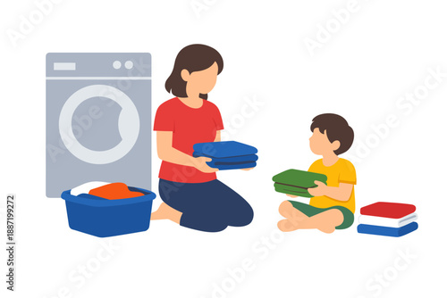 Mother and son folding laundry together at home