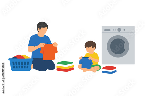 Father and son laundry day: caucasian adult and child folding clothes
