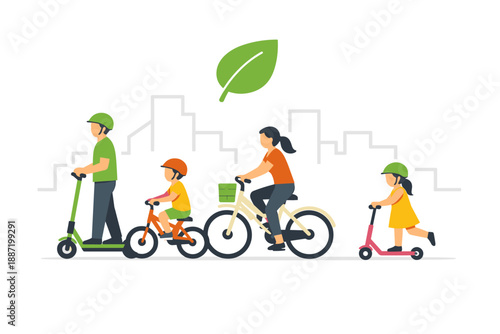 Eco-friendly family commute with bicycles and scooters for sustainable urban living