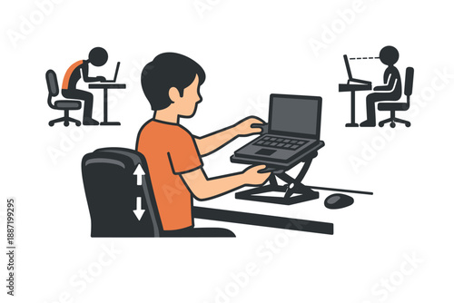 Ergonomic office setup with adjustable chair and laptop stand illustration