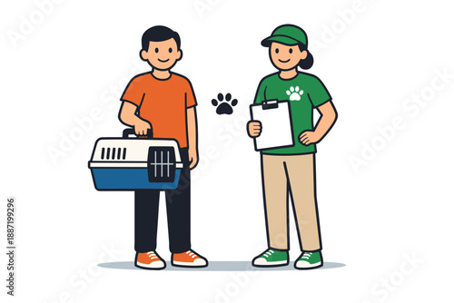Pet care consultation between male owner and female veterinary worker
