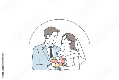 Bride and groom holding bouquet in minimalist wedding illustration