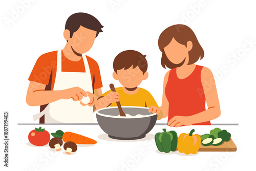Family cooking together with fresh vegetables in the kitchen