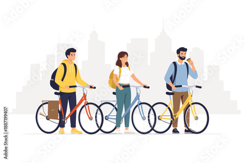Young adults with bicycles in urban setting