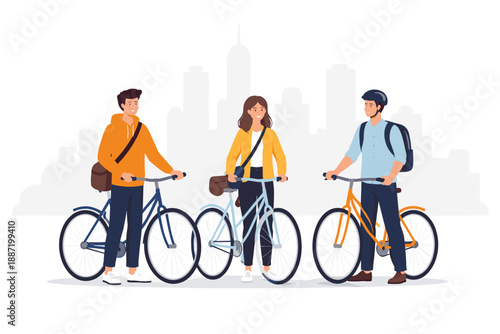 Young adults biking in city - caucasian male and female cycling group