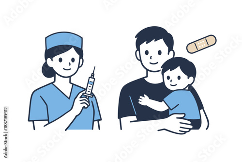 Nursing female administers vaccine to caucasian father and child in healthcare setting