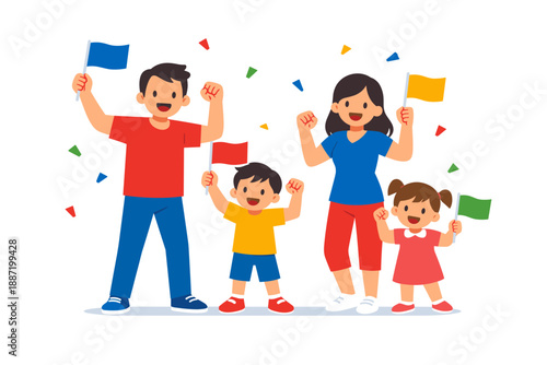 Diverse family celebration: two caucasian adults with two children holding flags