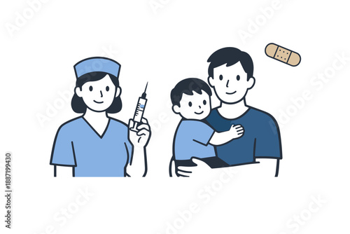 Nurse preparing vaccine for child with parent present in healthcare setting