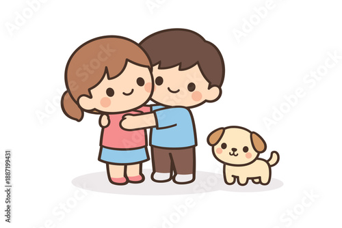 Cartoon illustration of two children hugging with a cute puppy on white background