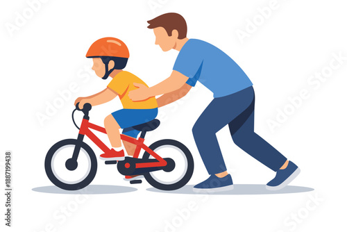 Caucasian male adult teaching child to ride bicycle with helmet outdoors