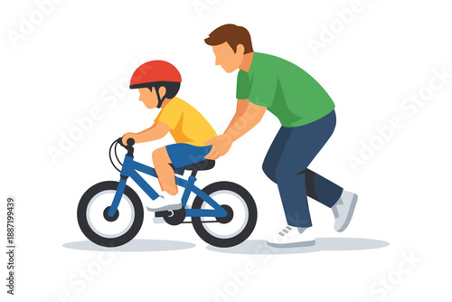 Adult male teaching young child to ride bike with support on white background