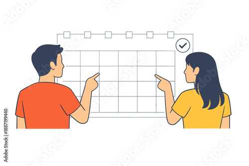 Two people discussing calendar schedule planning together