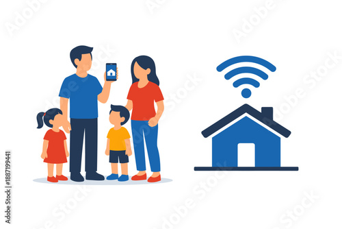 Family using smart home technology with mobile phone showing wi-fi connected house