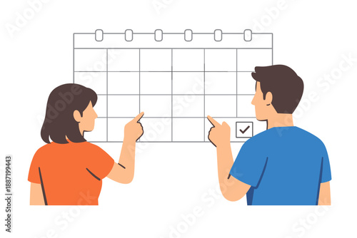 Caucasian adults planning schedule together on large wall calendar