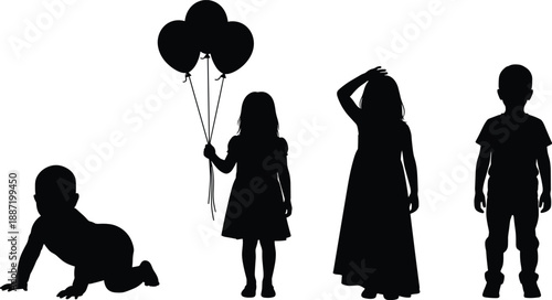 Silhouettes of children at different growth stages, baby crawling to standing kids with balloons, illustrating childhood development, innocence, milestones, and family lifestyle concept