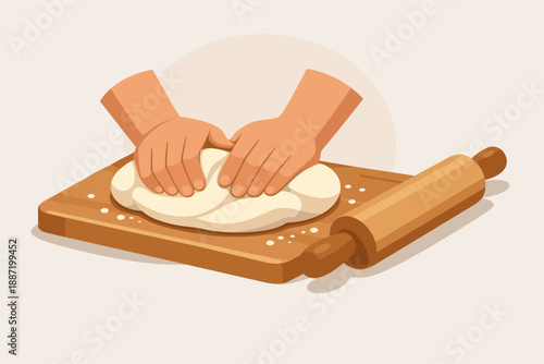 Child's hands kneading dough on wooden cutting board with rolling pin