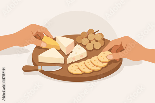 Hands arranging cheese, crackers, and grapes on wooden plate