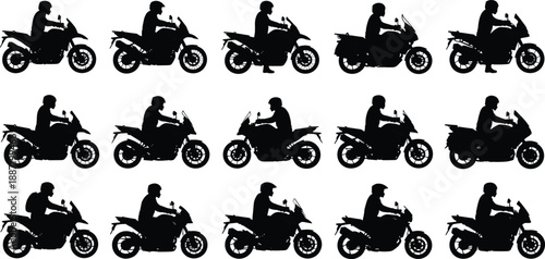 Collection of motorcycle rider silhouettes in different riding poses, black vector set for transport illustration, biker graphics, racing design, urban mobility branding, and vehicle themed projects.