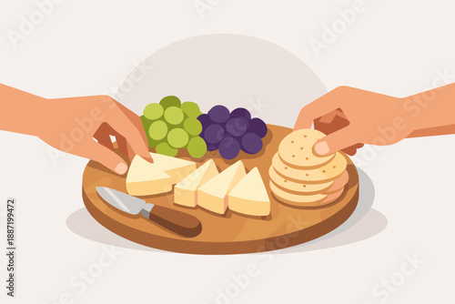 Hands arranging cheese, grapes, and crackers on a wooden board