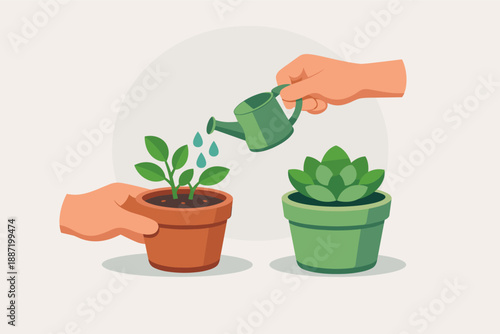 Illustration of hands watering plants in pots with young sprout and succulent