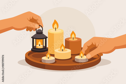Hands arranging lit candles and lantern on round tray