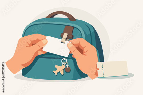 Hands tagging backpack with airplane keychain and travel card