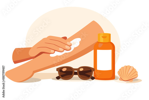 Applying sunscreen with accessories: sunglasses and lotion bottle