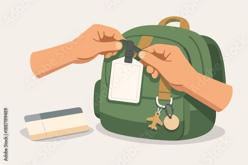Attaching a blank id tag to green backpack with keychain and card nearby