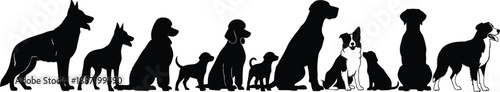 Row of dog silhouettes in different breeds and sizes, pet collection illustration representing diversity, companionship, loyalty, domestic animals, and modern pet lifestyle concept