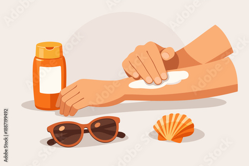 Applying sunscreen with beach accessories