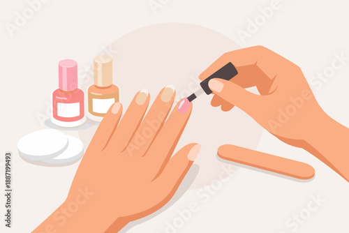 Manicure process with nail polish and tools on table