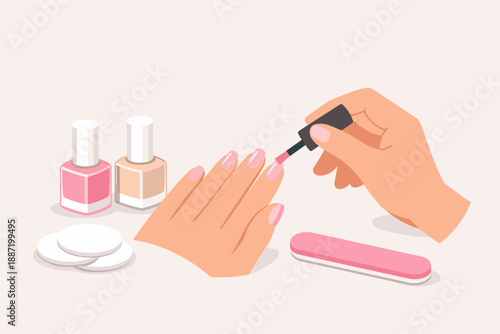 Illustration of nail polish application and manicure accessories