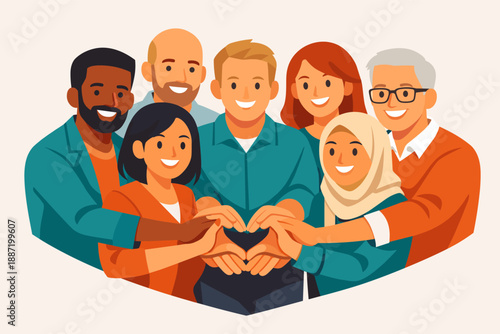 Diverse group of smiling adults forming heart with hands