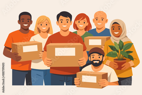 Diverse group of young adults holding boxes and plant smiling in teamwork