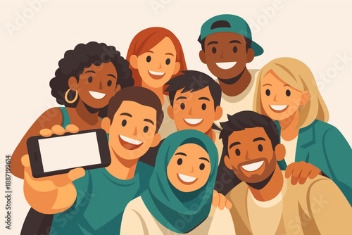 Diverse group of young friends smiling and taking a selfie together