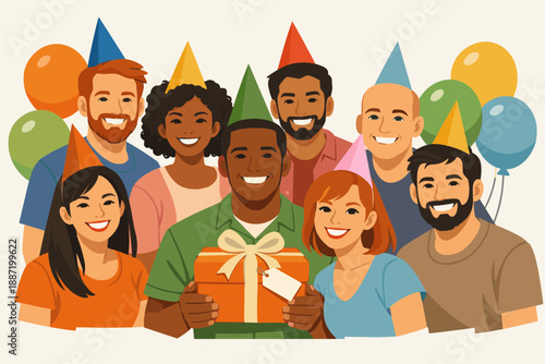 Diverse group celebrating birthday with gift and balloons