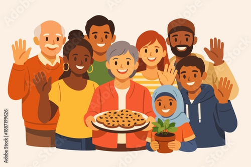 Diverse group of people celebrating with cookies and plant