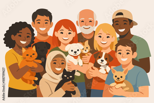 Diverse group of people smiling with pets