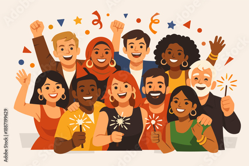 Diverse group celebration with joyful caucasian, asian, african, and hispanic adults