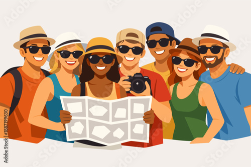 Young diverse group of friends exploring together with map and camera