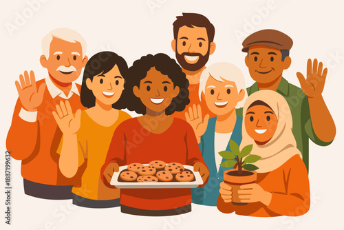 Group of diverse adults smiling and holding cookies and plant