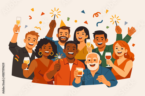 Diverse group celebrating with drinks and sparklers at festive party