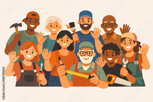 Diverse group of workers smiling and waving in unity